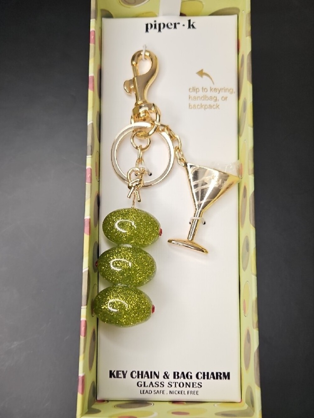 Piper-K Sparkling Olives And Gold MARTINI Keychain/ Purse Charm - NWT In Box - Picture 4 of 10